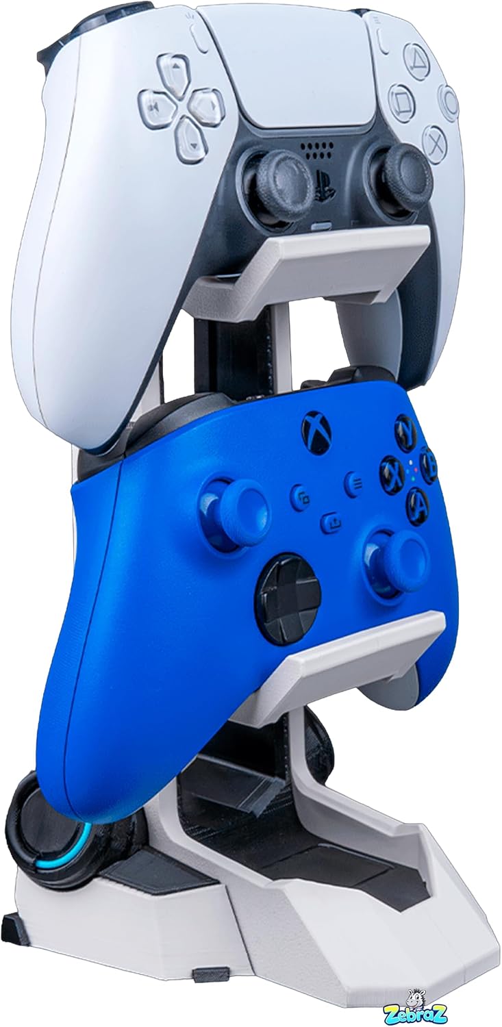 Command Sync — Controller and Headphone Stand — Futuristic Gaming Desk Stand for Over-Ear Headsets and Controllers, Display Stand (White/Black/Blue) — 1-Pack