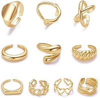 MOROYA 10PCS 18K Gold Plated Chunky Dome Rings Set for Women - Adjustable Braided Twisted Signet Stackable Statement Jewelry Size 7-9