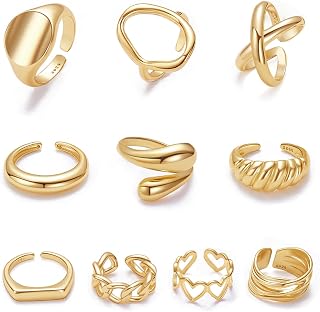 MOROYA 10PCS 18K Gold Plated Chunky Dome Rings Set for Women - Adjustable Braided Twisted Signet Stackable Statement Jewelry Size 7-9
