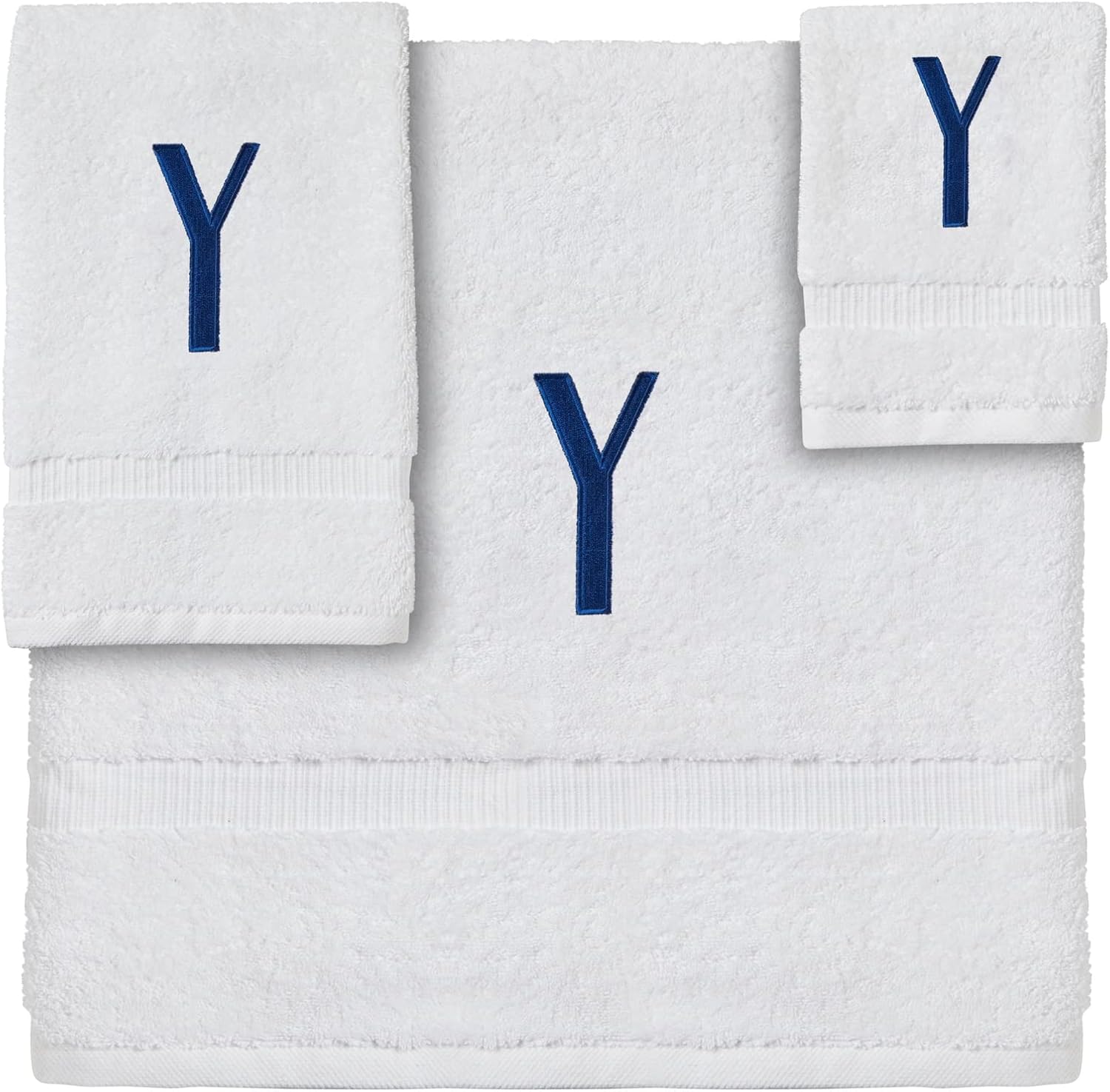 Juvale 3 Piece Letter Y Monogrammed Bath Towels Set, White Cotton Bath Towel, Hand Towel, and Washcloth with Blue Embroidered Initial Y for Wedding Gift, Bridal Shower