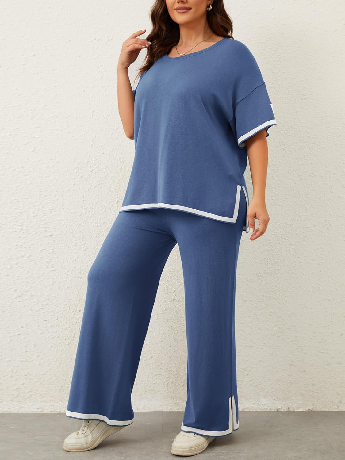 Imily Bela Womens Plus Size Lounge Sets 2 Piece Outfits Short Sleeve Pullover Tops Wide Leg Pants Summer Travel Outfits - Image 4