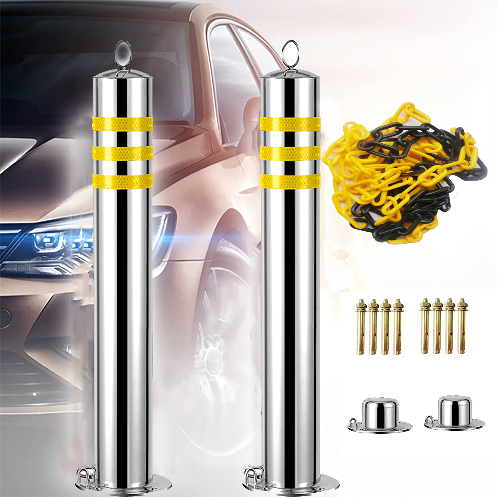 SnamicE 2pcs Parking Bollards Heavy Duty,With Plastic Chain Stainless Steel Removable Base Convenient for Vehicle Parking,Silver-650x76mm/25.5x3in