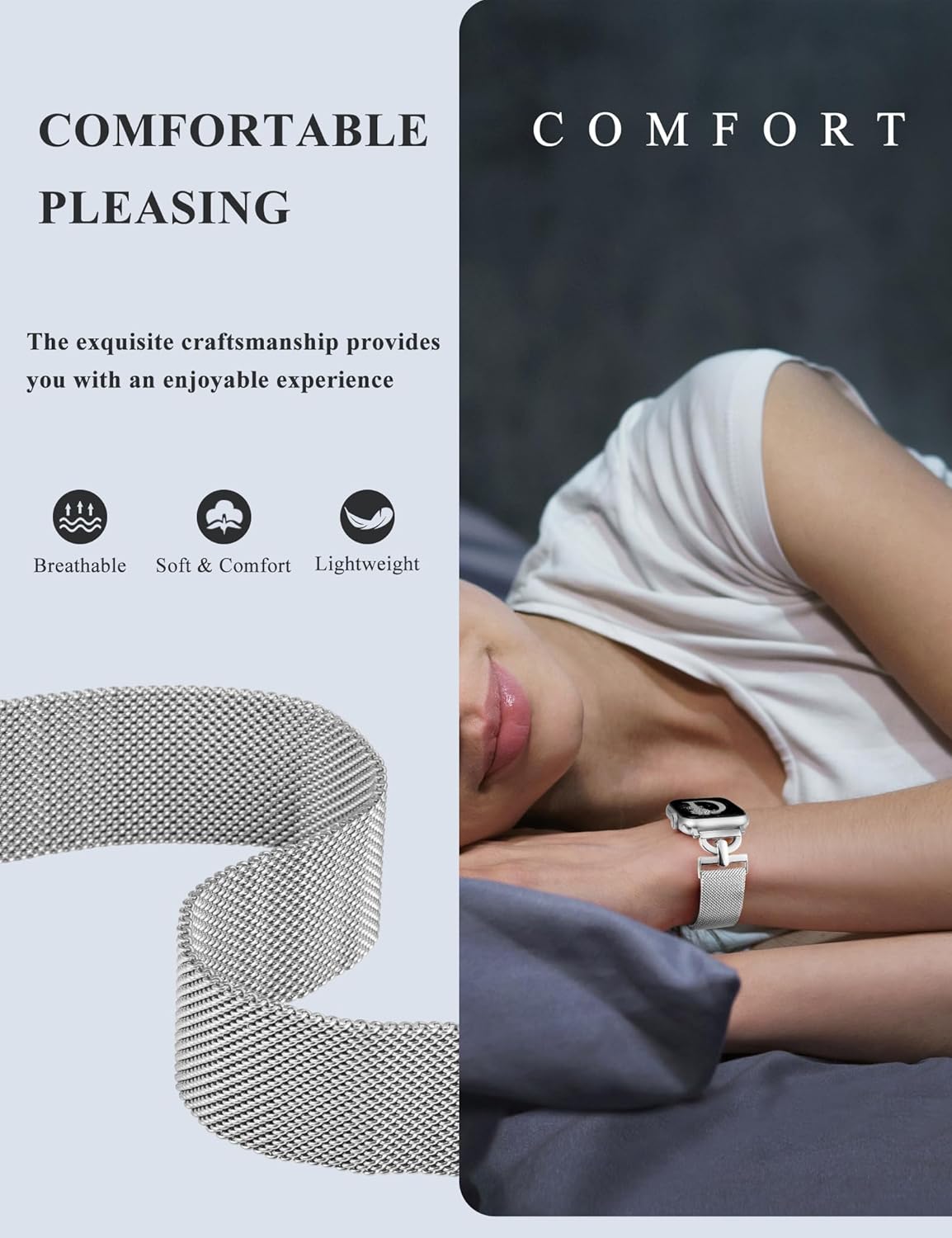 Stainless Steel Magnetic Loop Compatible with Apple Watch Band 38mm 40mm 41mm 42mm Women Metal Mesh D-shaped Clasp Strap for iWatch SE Series 10/9/8/7/6/5/4/3/2/1/Ultra(1/2) Silver - Image 8