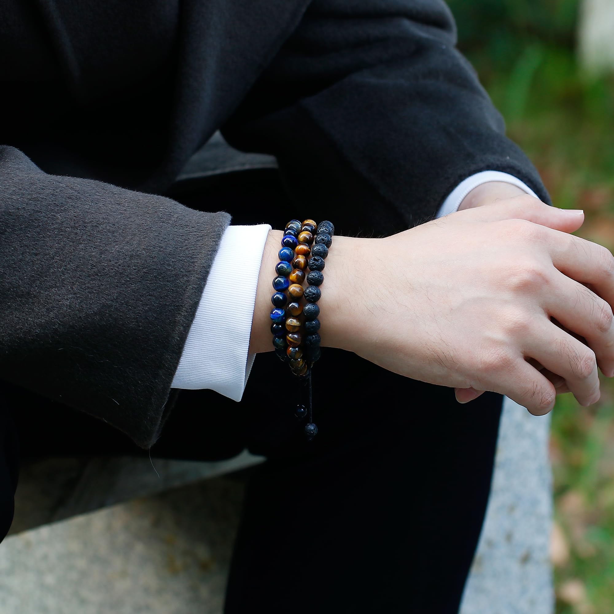 ADRAMATA Bracciale Uomo Bracciale Pietre Naturali 8MM Pietra Ossidiana Bracciale Occhio di Tigre Braccialetti con Perline Regolabili Set di Bracciali Uomo Fatto a Mano Gioielli Uomo Regali per Uomo
