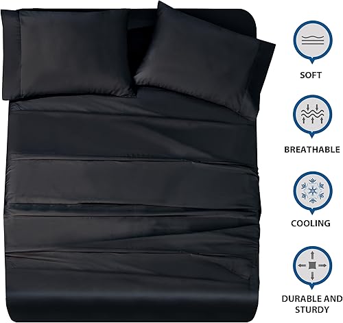 Miniatura 3 de Juego de sábanas tamaño matrimonial de 4 piezas, sábanas de 600 hilos 100% algodón egipcio, transpirable, suave y sedoso tejido satén para colchones