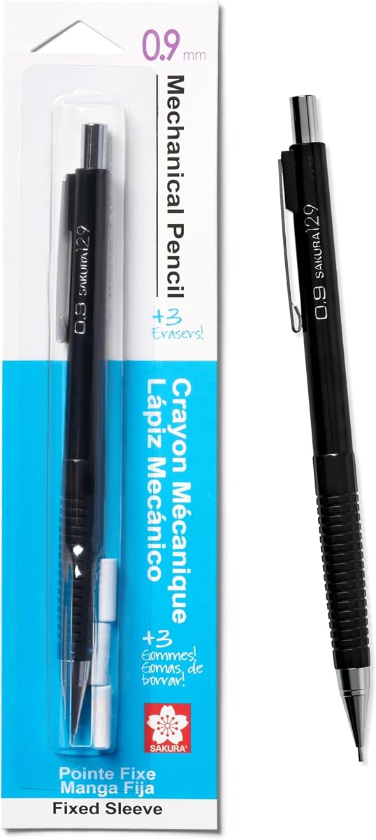 SAKURA 50299 Mechanical Pencil Fixed Sleeve 0.9-mm with 3 Erasers, Black | Fixed Sleeve for Using Rulers and Templates, Includes 3 Eraser Refills, Ideal for Everyday Writing and Drawing