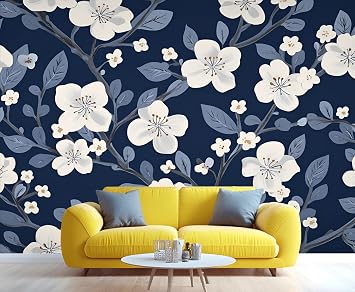 Wallpaper - Floral Mural & Home Decor, White Floral Wallpaper for Living Room, Removable Wall Paper, Blue Boho Large Wall Mural, Not Self-Adhesive