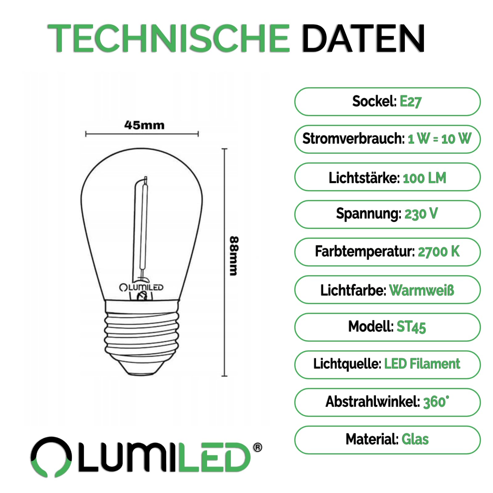 Lumiled Lichterkette Außen 15 Meter mit 30 E27 LED 1W Glühbirne ST45 Warmweiß 2700K 230V Birnen für Garten Biergarten Party Hochzeit Dekoration Terrasse Weihnachten verlängerbar mit Strom