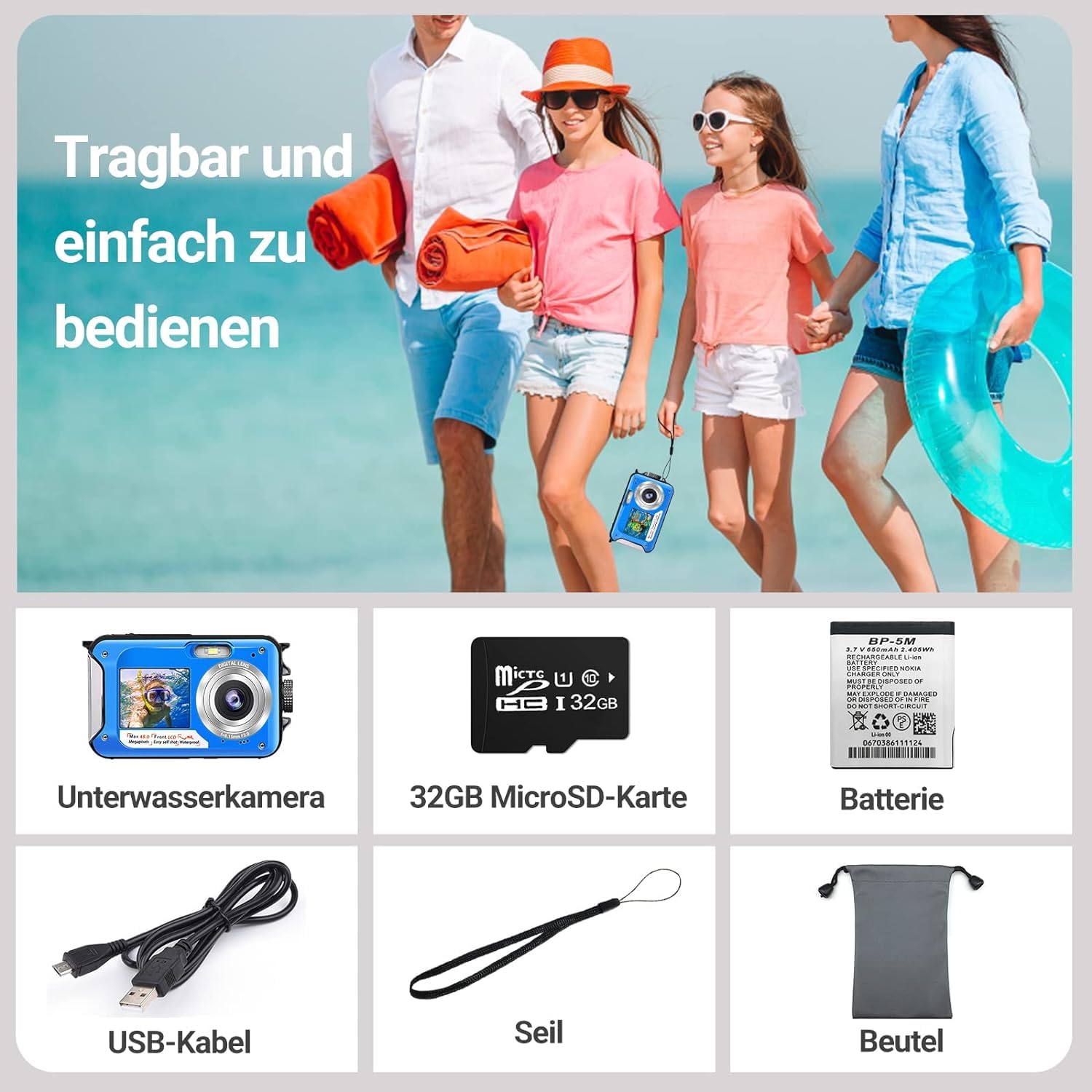 Unterwasserkamera Full HD 2.7K 48MP 10FT Kamera Wasserdicht Dual Screen 16X Digital Zoom Schnorcheln wasserdichte Digitalkamera fü r Selbstauslöser Unterwasser, Schwimmen, Urlaub