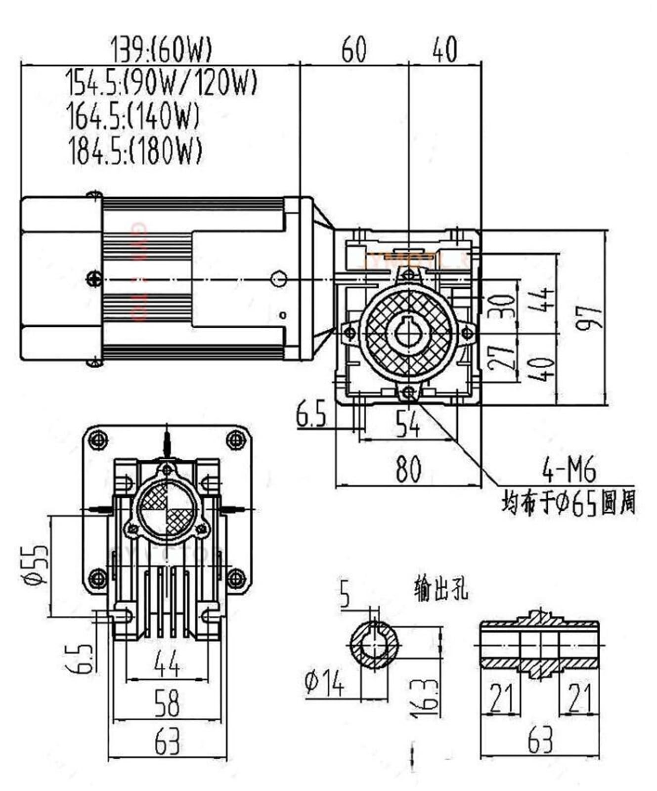 Motor reductor de engranajes trifásico de 60 W, 220 V/380 V + tornillo sin fin RV30 (35 RPM)