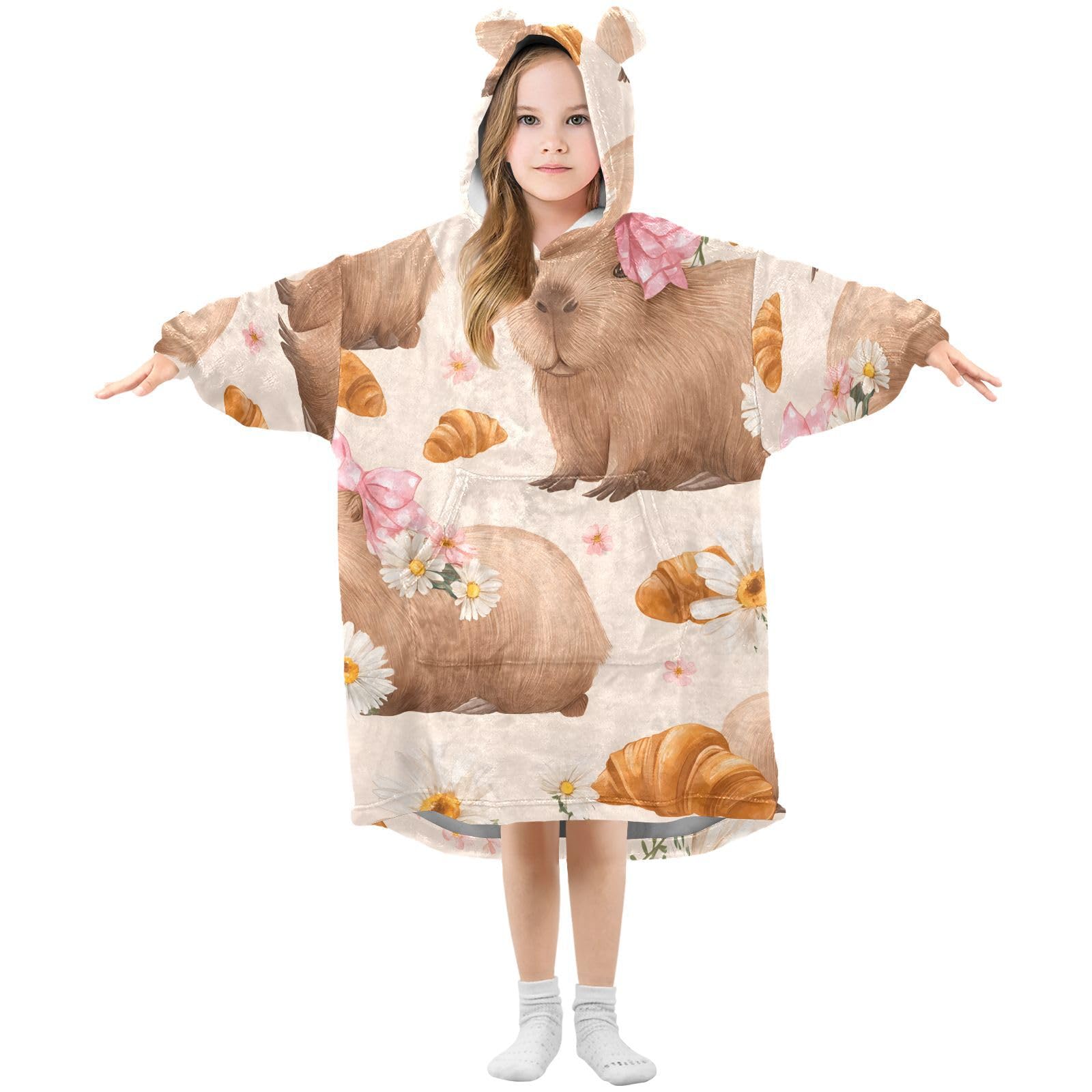 Kids Oversized Blanket Hoodie, Capybara Bow Pattern Warm Fleece Sweatshirt Plush Wearable for Girls Boys, Front Roomy Pocket, Cute Ear Cap, Medium