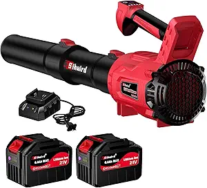 Leaf Blower Cordless,2 x 21V 6.0Ah Battery and Charger, with 680CFM 190MPH Electric Cordless Leaf Blower, 5-Variable Speed & Turbo Mode, Blowers for Lawn Care, Patio Cleaning and Dust(Red A)