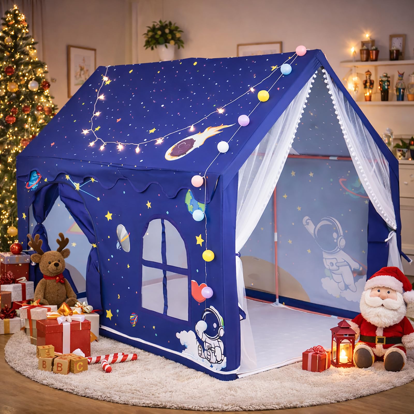 ALLmeter Large Kids Indoor Playhouse Tent with LED Star Non-Slip Mat,for 4-6 Children Play,Big Play Tents Toy for Boys & Girls,Gift for Birthday & Christmas New Year Gift for 3-12 years old