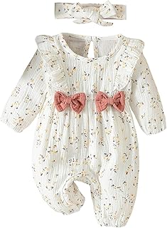 سالوبيت قصير للبنات حديثي الولادة من جويز، جمبسوت قطن فاخر باكمام طويلة مع شريط راس مطابق، ملابس ناعمة لحديثي الولادة من عمر 0-3 3-6 اشهر