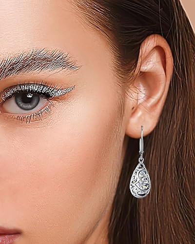 Miniatura 2 de Aretes colgantes de plata esterlina con forma de gota de piedra natal de filigrana 5A con forma de lágrima