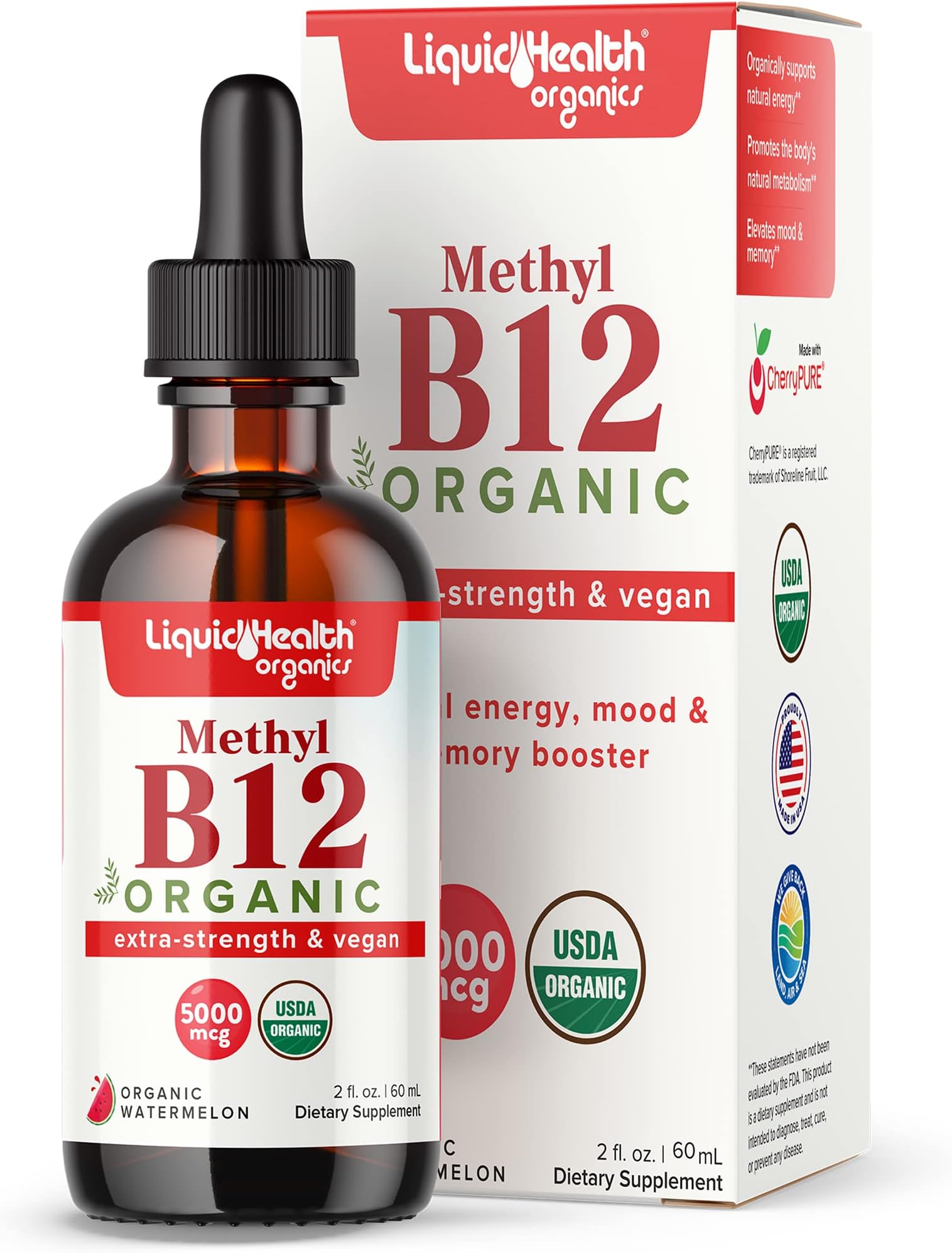 LIQUIDHEALTH USDA Organic Methyl Vitamin B12 Methylcobalamin Liquid Drops with Tart Cherry Juice - Boost Energy, Immune Support, Improve Memory & Concentration - USA Made, Vegan, Non-GMO (2 oz)