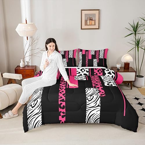 Miniatura 5 de Feelyou Juego de edredón de cebra de leopardo, tamaño individual, para niños, rosa, blanco, negro, para niños, adolescentes, juego de ropa de cama