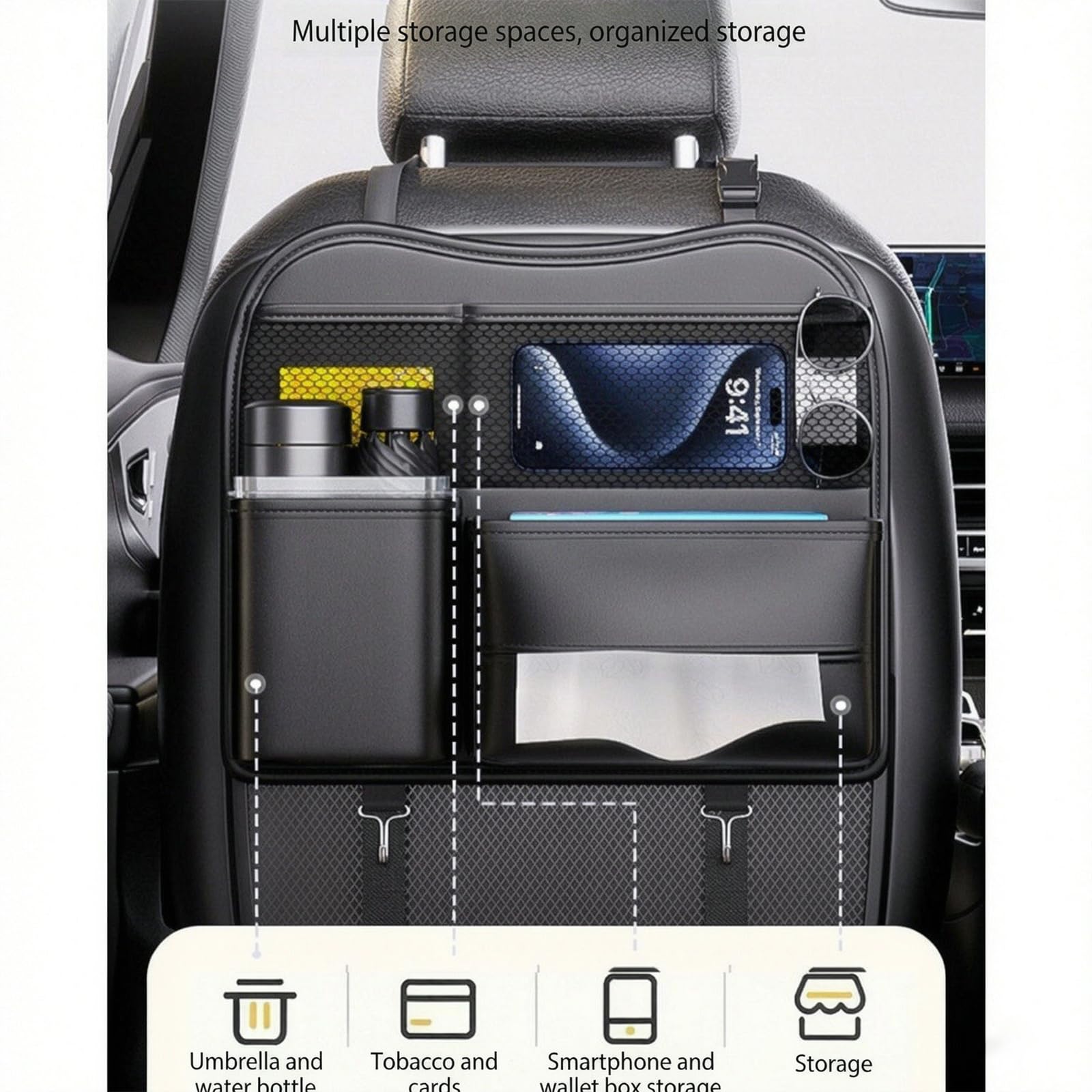 Generico Organizer Sedile Posteriore Auto per Ford EcoSport/4WD/Freestyle/S/St-Line Active, Universale Ecopelle Impermeabile Borsa Portaoggetti Multi-Tasca Protezione Schienale Anti-Sporco