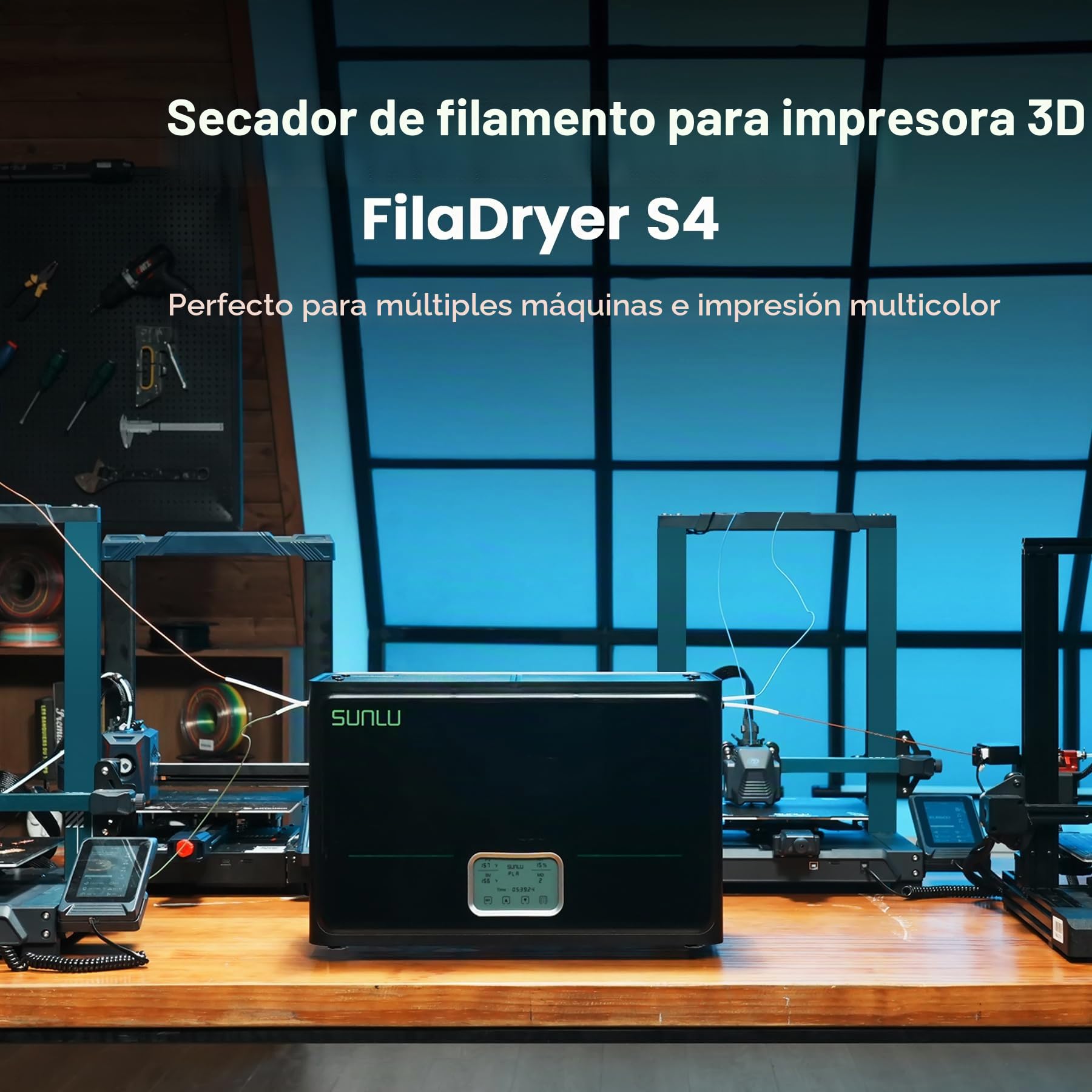SUNLU Oficial Secador de Filamento para Impresora 3D S4, Capacidad para 4 Carretes, 3 Ventiladores de Circulación, Calentador PTC de 350 W, Temperatura Máxima de 70 ℃,Control Auto de Humedad, Negro