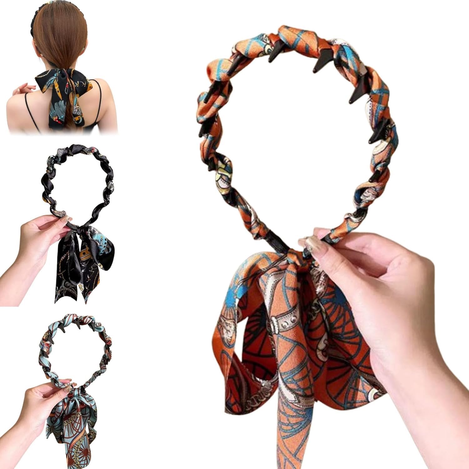 Melodio 3-Pack Elegant Double-Sided Floral Wave Headband with Comb, High-Volume Hair Hoop with Flowing Ribbon, Retro Palace Style Hair Accessory for Women, Non-Slip, Lightweight & Versatile Wear