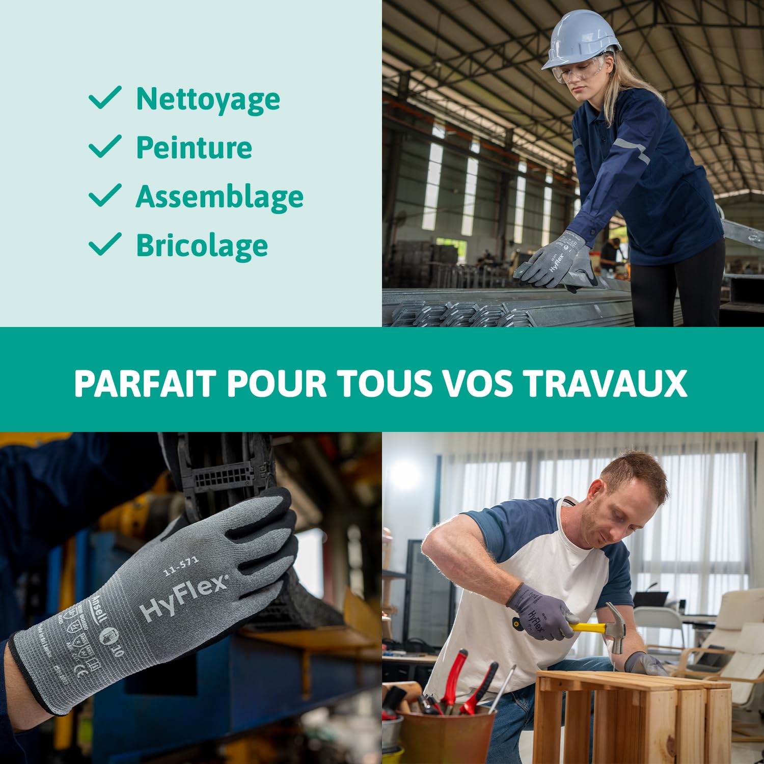 Ansell HyFlex 11-571 Gants Anti-Coupures, Enduction Nitrile Résistante à l'Abrasion, Gants de Travail Professionnels Haute Protection, Homme Femme, Gris, Taille L (12 Paires)