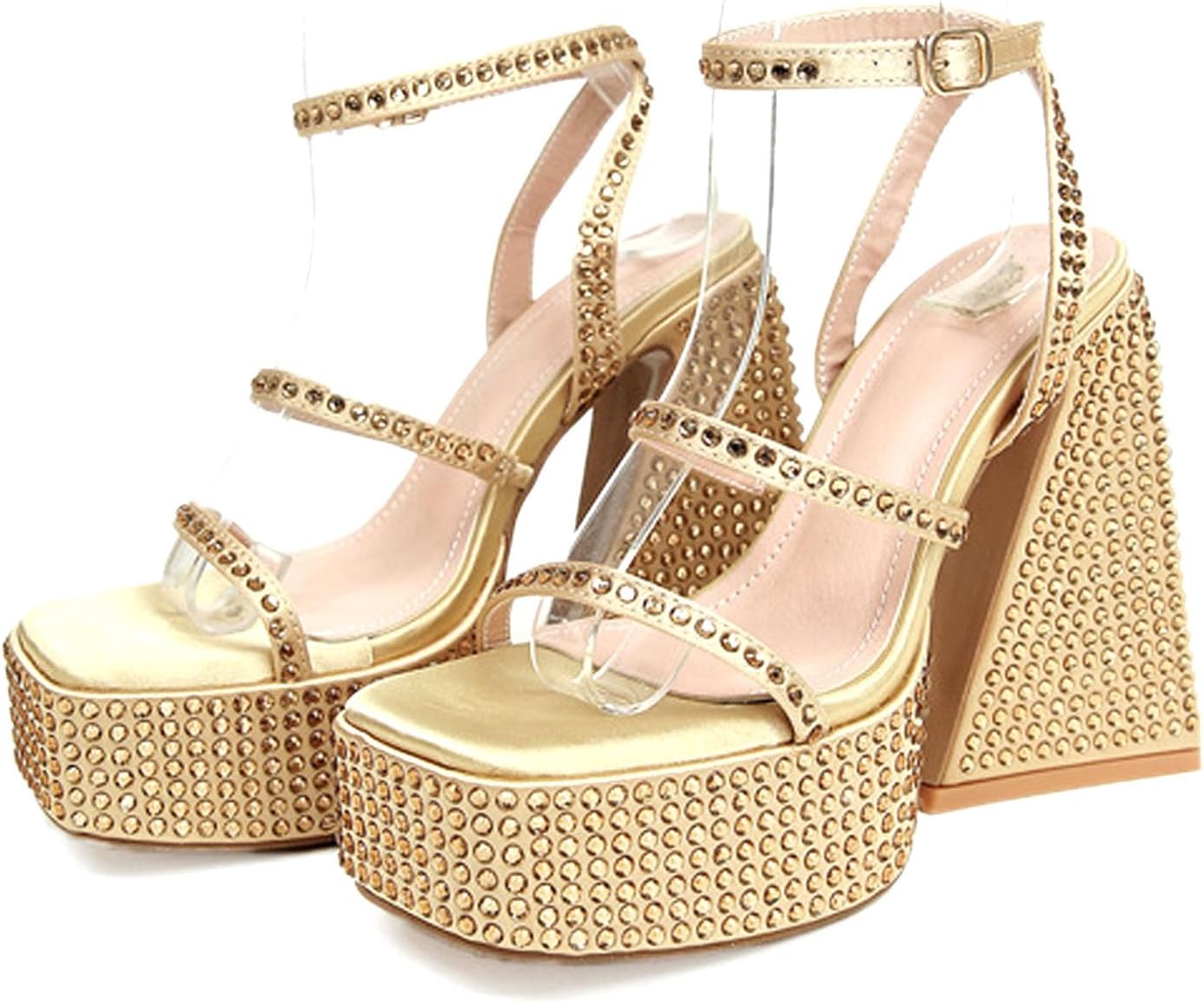 Women's Rhinestones High Heel Platform Chunky with Diamond Pave Buckle Up Open Toe 2 Straps Pumps 14cm/5.5in Sandals