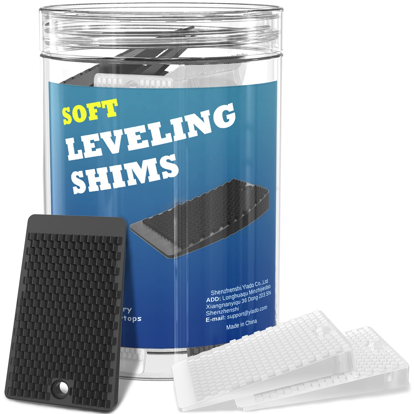 Furniture Levelers Black & Clear, 32 Piece Jar 2“, Rubber Shims for Leveling, Mix Color Wedge for Table Leg, Toilet, Bed & Couch, Small Shims for All Kinds of Furniture, Cuttable and Stackable