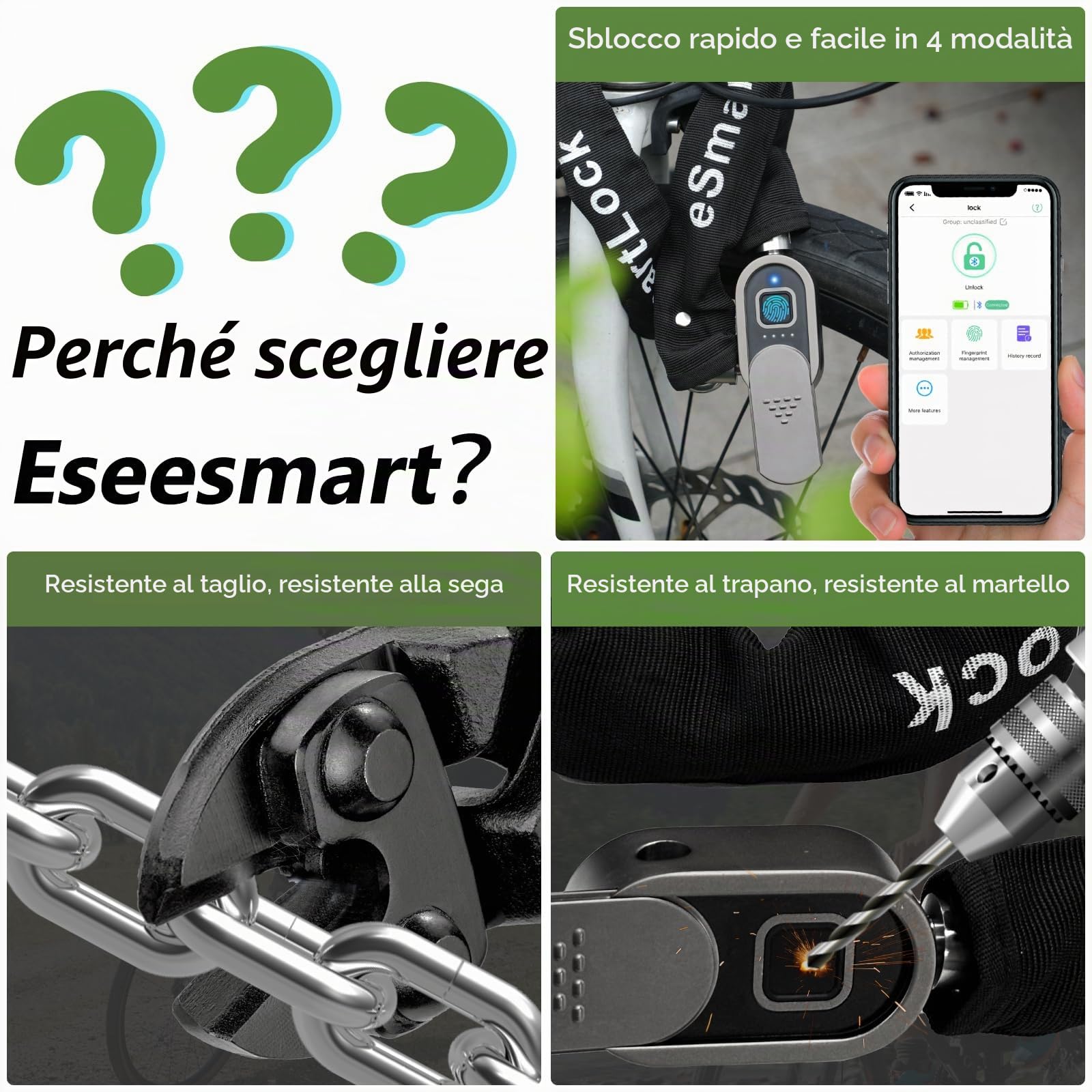 Eseesmart Lucchetto a catena per bicicletta, ad alta sicurezza, con chiavi, impronte digitali, Bluetooth, elettronico, biometrico, resistente, impermeabile, per moto, bicicletta eBike