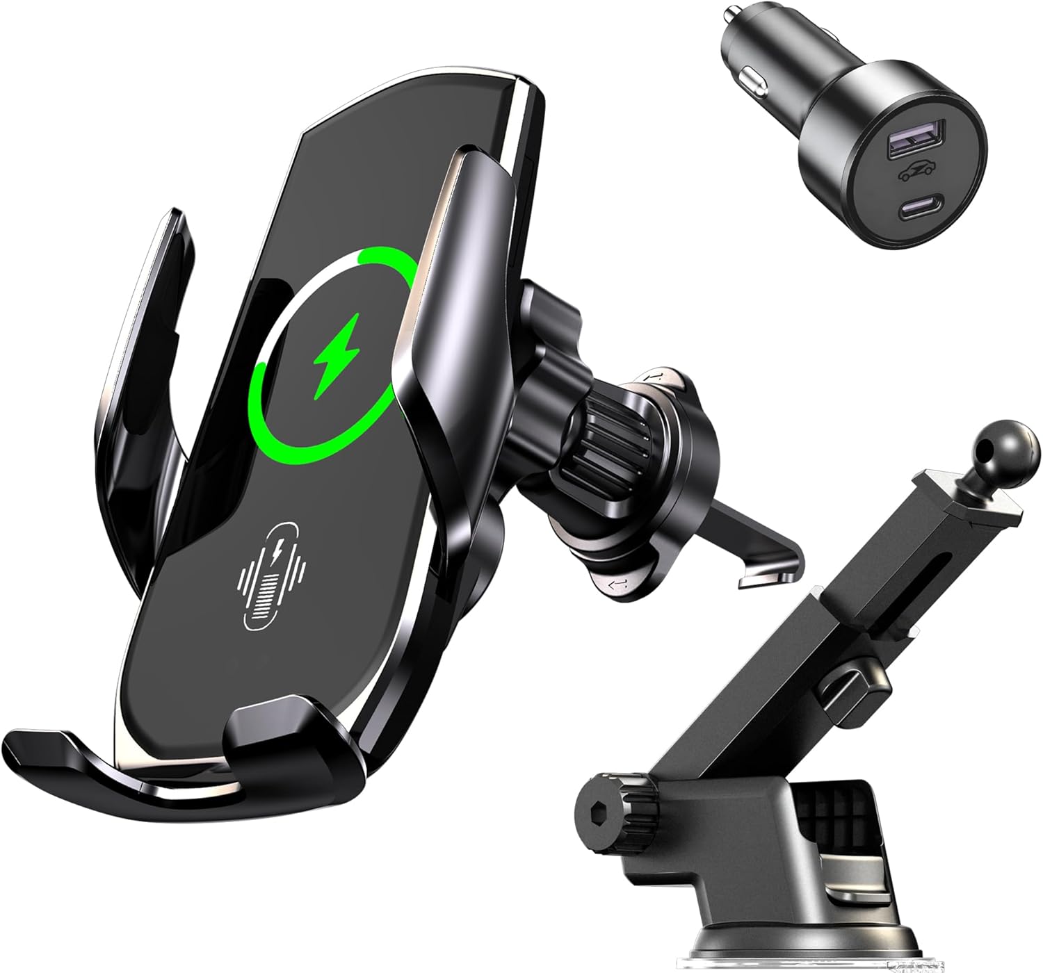 15W Fast Wireless Car Charger, Auto-Clamping Black Car Phone Holder with Strong Suction Cup,360°Adjustable Dashboard/Windshield Mount for iPhone17-11&Samsung S Series Essential Car Accessories