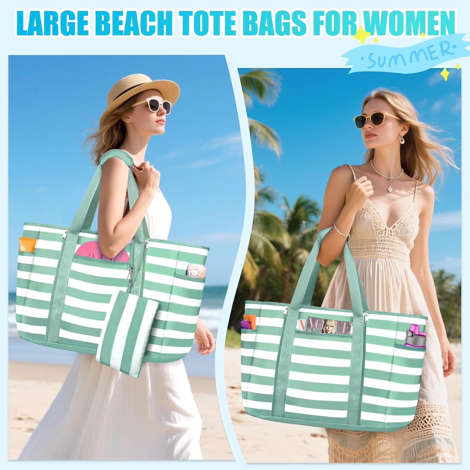 Extra Large Beach Bags for Women, Waterproof Sandproof Beach Tote Bag Foldable Swim Pool Bag with Zipper and Wet Pocket - Image 2