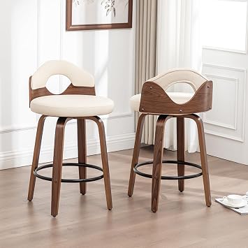 25.2" Swivel Bar Stools Set of 2,Mid Century Modern Faux Leather Barstools,Counter Height Bar Chairs with Low Back for Kitchen Island Counter StoolBeige
