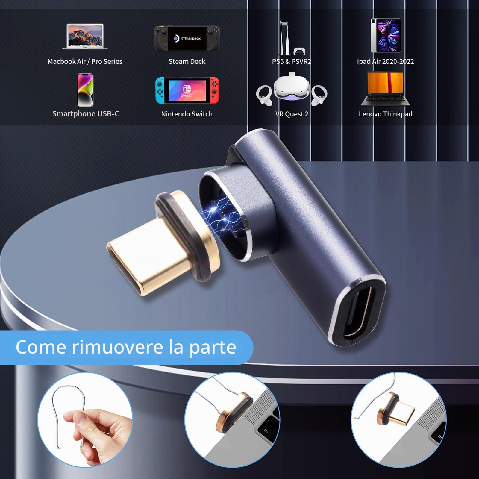 Adattatore USB C Magnetico – Confezione da 2 140W Adattatore Magnetic USB-C 90 Gradi Trasmissione dati a 40 Gbps per Laptop, Tablet, Telefono