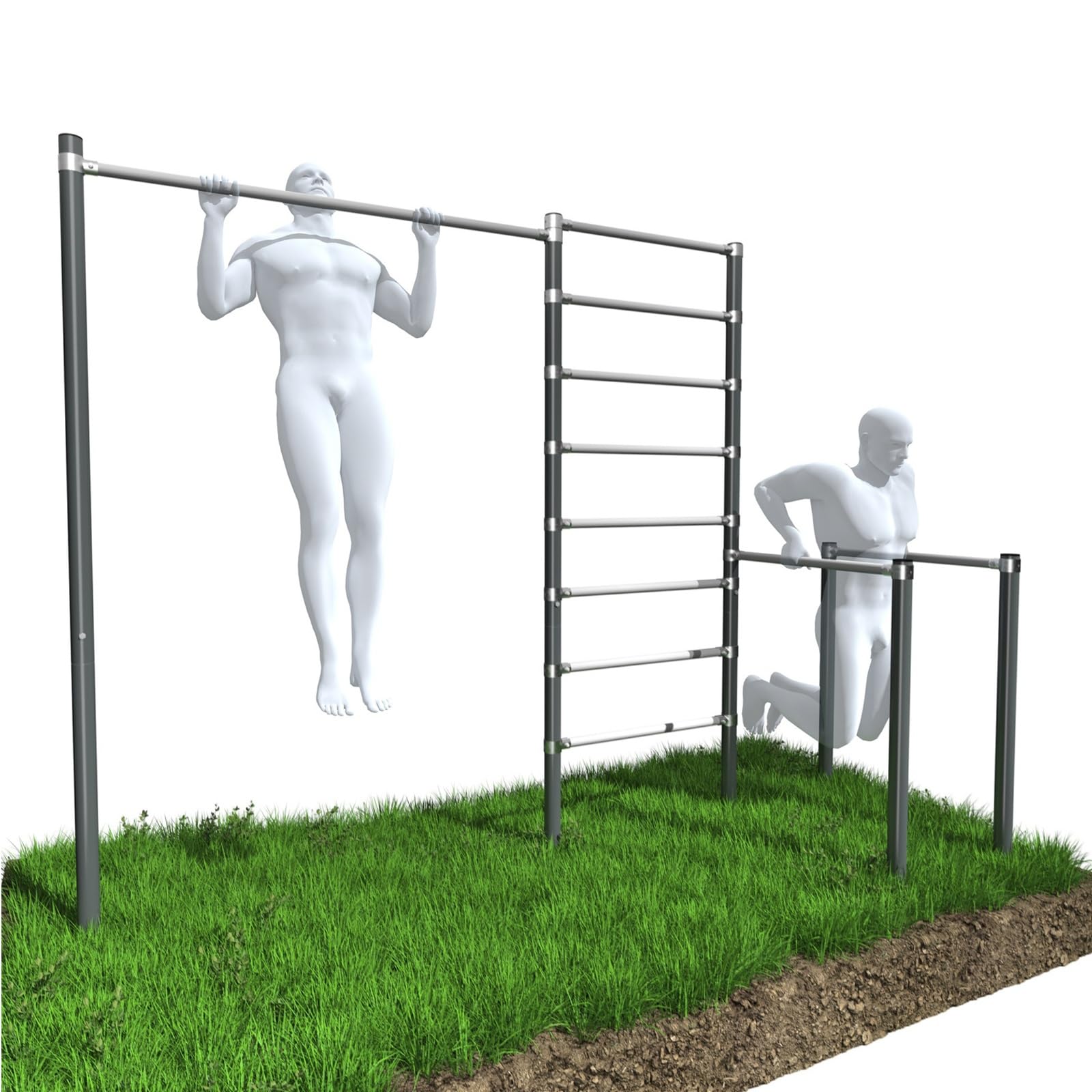 QLS ZO6-60 Outdoor Fitness Station Set – Barra de dominadas, estación de inmersión y barra de peldaños – Juego de jardín de entrenamiento de calle, altura ajustable, hasta 250 kg, acero galvanizado