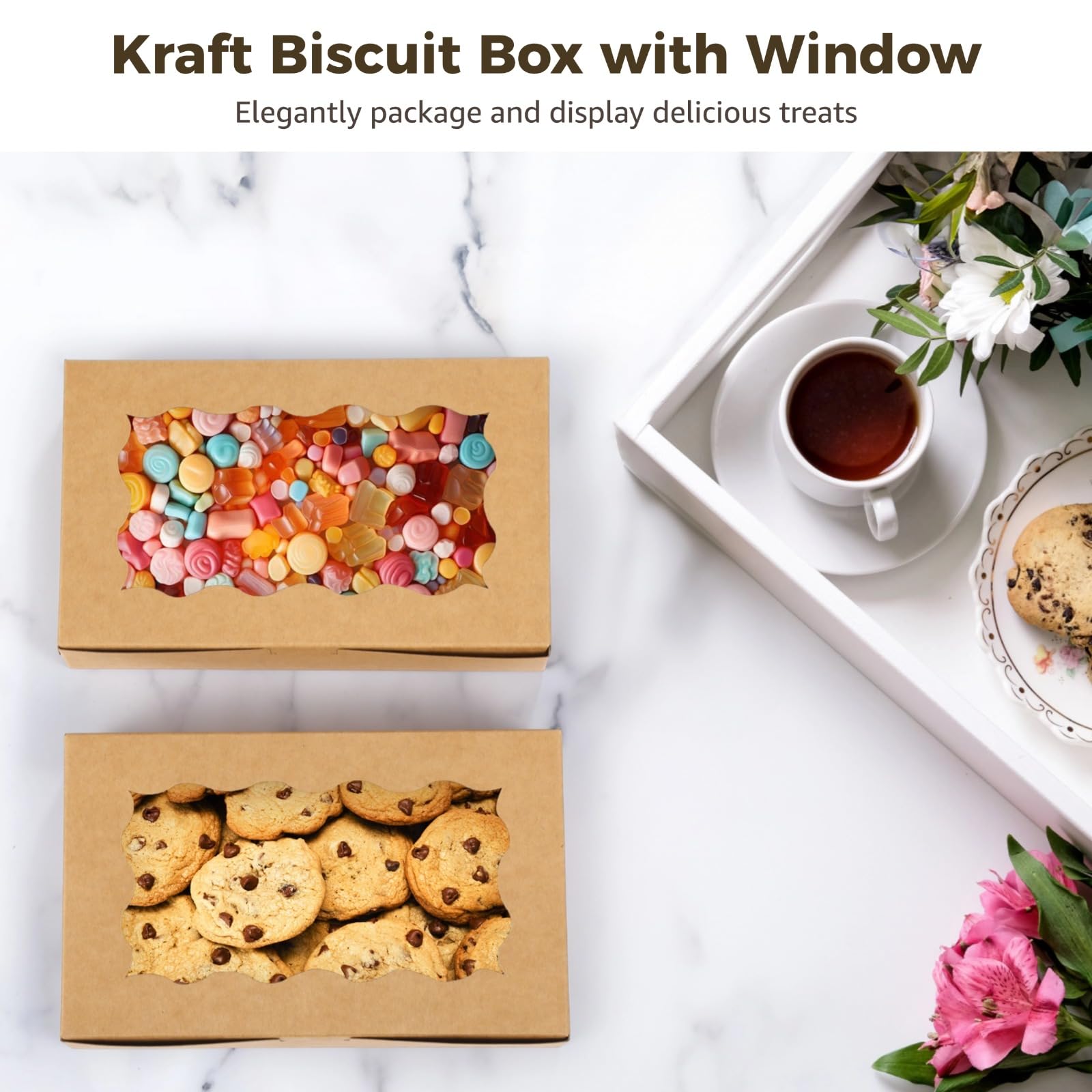 Generisch 50 cajas de galletas kraft con ventana, 7,1 x 4,3 x 1,6 pulgadas, caja de galletas de papel kraft, caja de almacenamiento marrón para pasteles, postres, dulces, donas, vacaciones y regalos