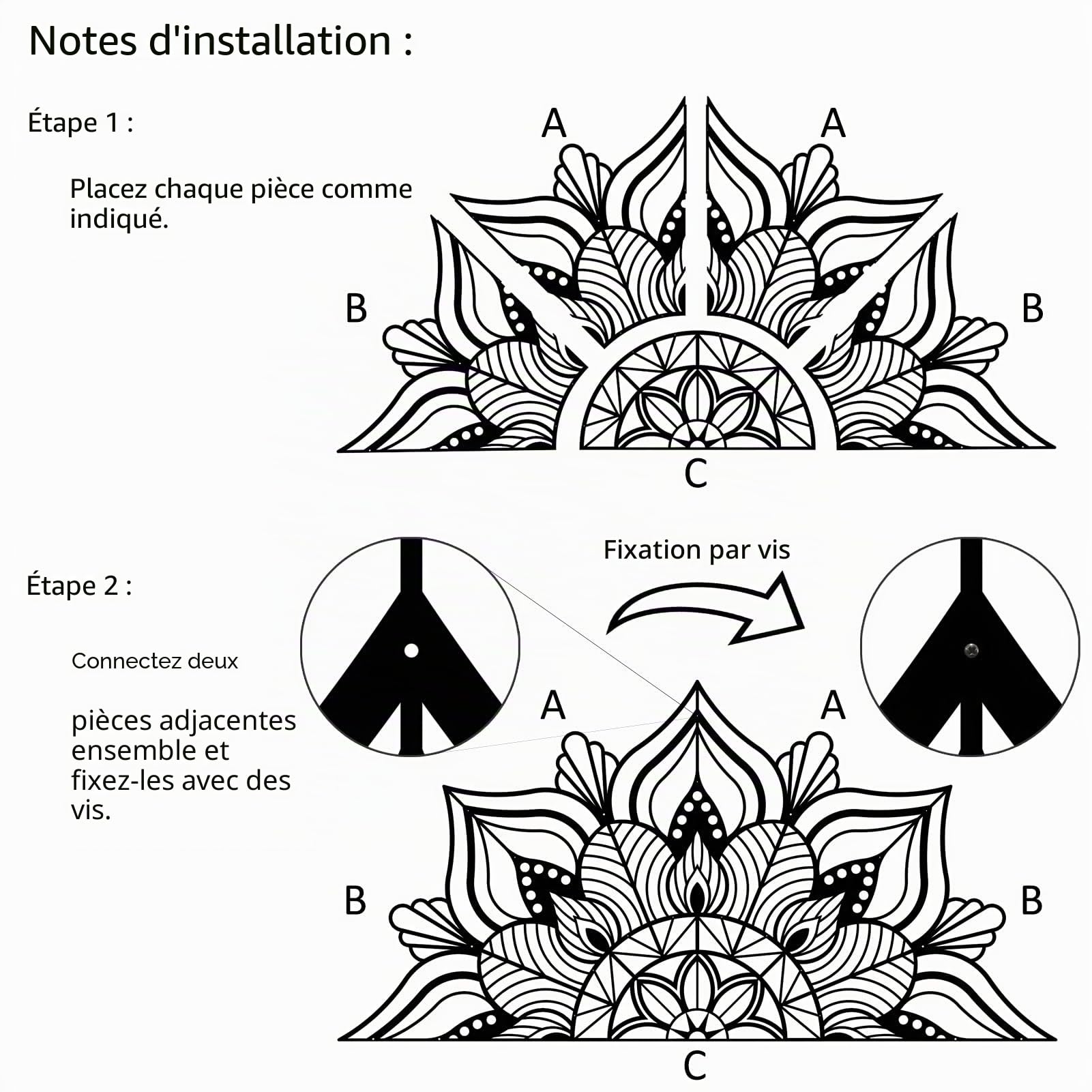 ESTART Grande décoration murale en métal Mandala, œuvre d'art murale unique en forme de fleur de lotus, convient pour la décoration intérieure et extérieure de bureau et de maison (Noir)