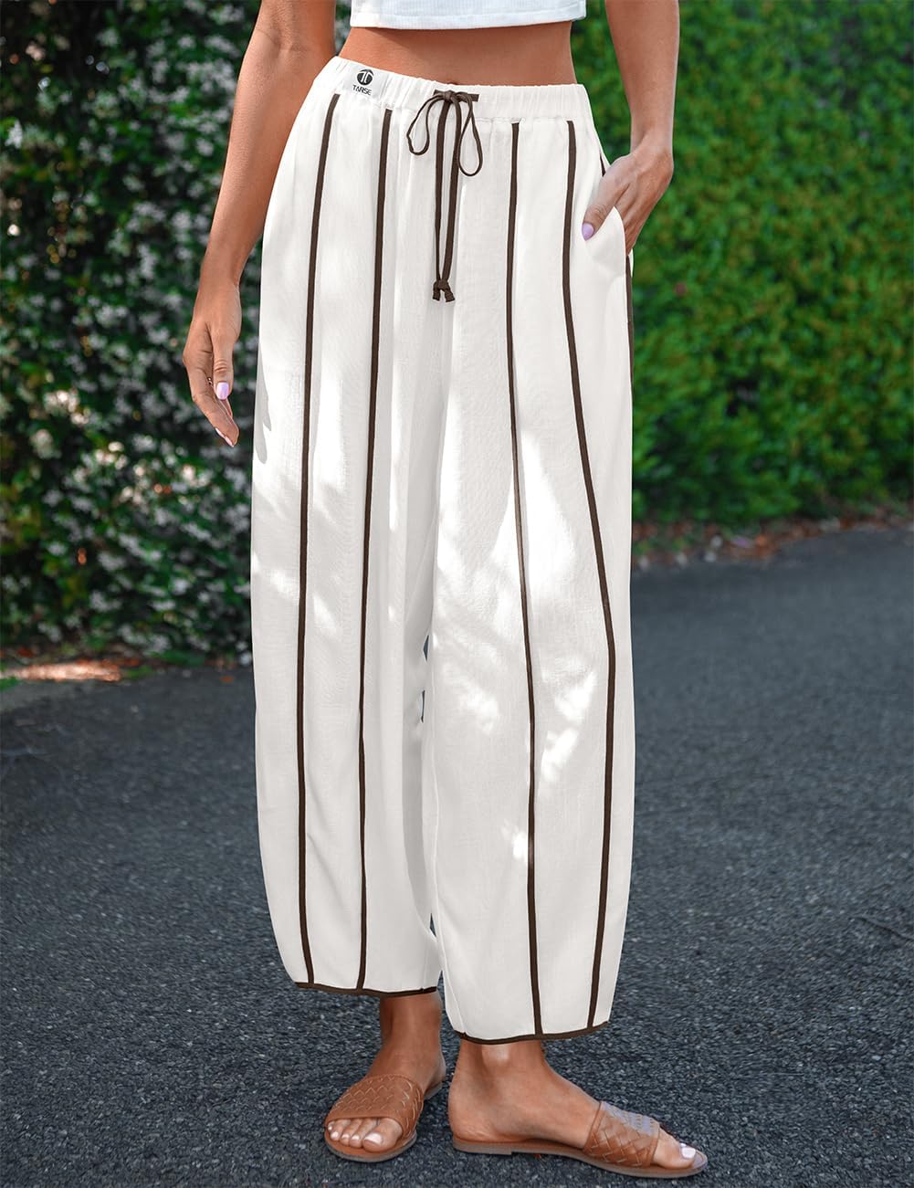 TARSE Womens Linen Harem Pants Loose Casual Wide Leg Summer Boho Beach Travel Vacation Palazzo Pants with Pockets - Image 3