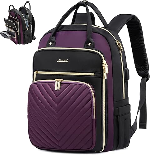 Miniatura 1 de LOVEVOOK Mochila para laptop para mujer, mochila de trabajo de moda con puerto USB, mochilas impermeables para el trabajo., Negro, púrpura, 17,3