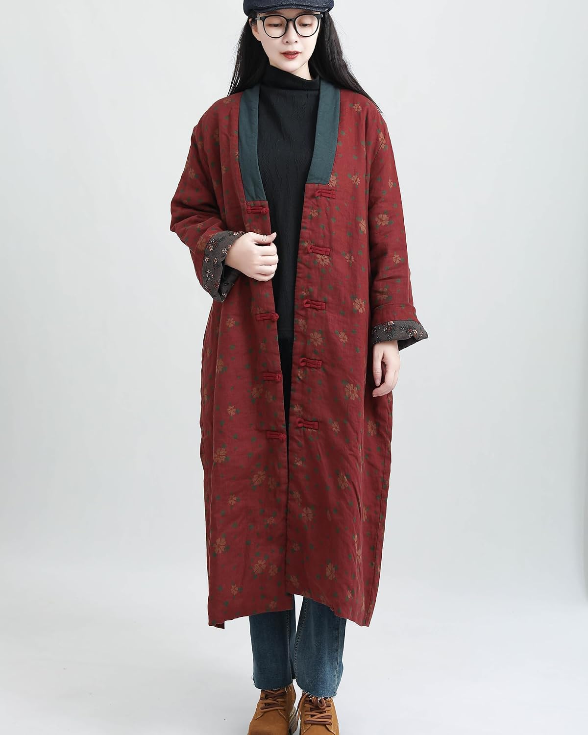 LZJN Womens Jackets Long Linen Floral Printed Cotton Quilted Warm Padded Long Loose Coats Winter Plus Size