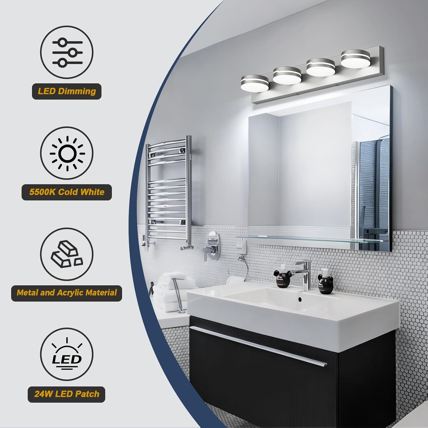 Modern 4-Light Brushed Nickel Bathroom Light Fixture for Bathroom Lighting Fixtures Over Mirror 24W Brushed Nickel Vanity Led Lighting with 350°Rotatable Acrylic Heads (Cool White 5500k)