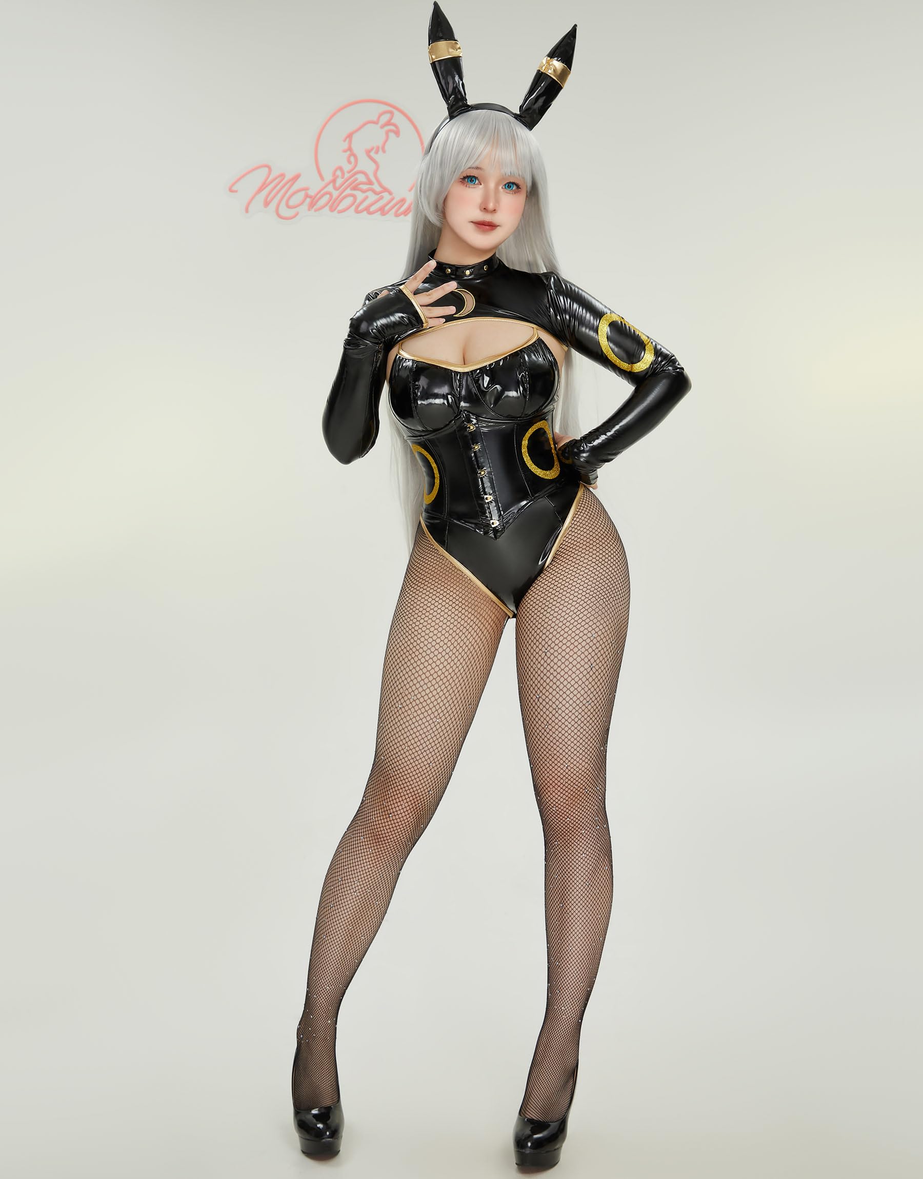 Mobbunny Anime Cosplay Costume for Women Black Bodysuit PU Leather Bodycon and Top with Chiffon Skirt Headband Tail