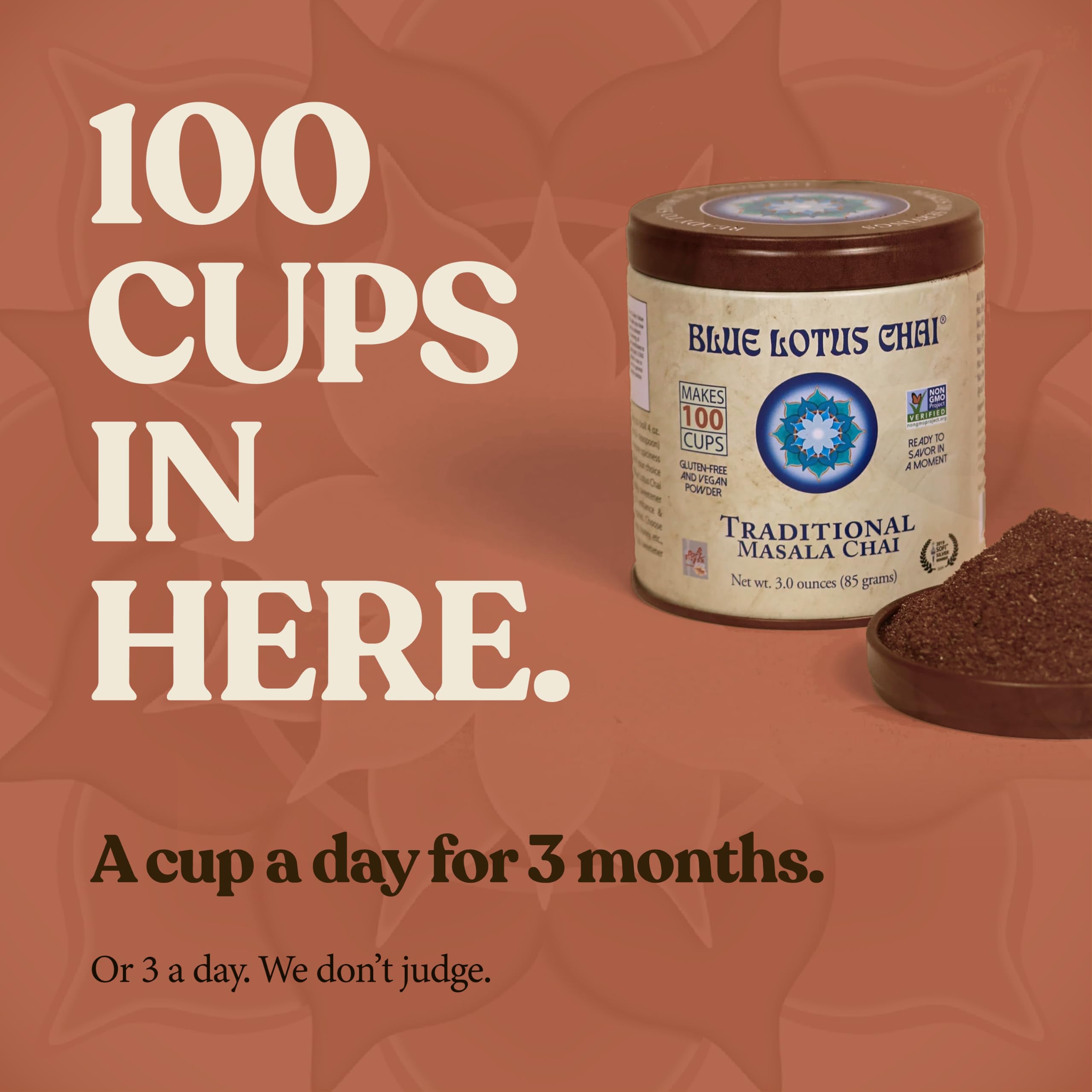 Blue Lotus Chai - Traditional Masala Chai - Makes 100 Cups - 3 Ounce Masala Spiced Chai Powder with Organic Spices - Instant Indian Tea No Steeping - No Gluten thumbnail 6