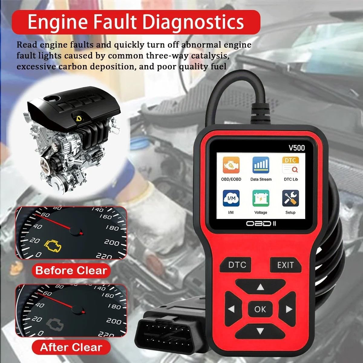 V500 OBD2 Scanner Diagnostic Tool, Professional Code Reader with Live Data Stream, DTC Lookup, I/M Readiness, O2 Sensor Test, EVAP System Test, Vehicle Info Display