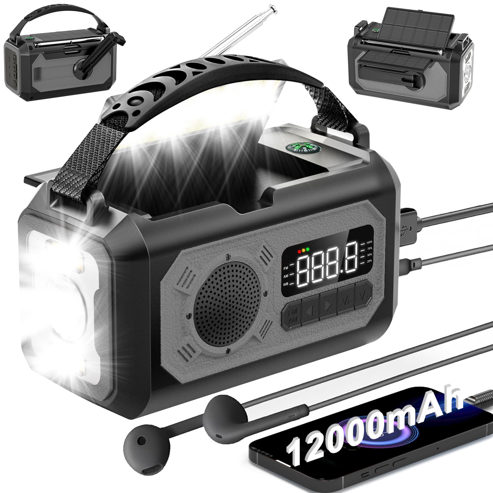 Radio di emergenza da 12000 mAh, radio portatile con allarme meteorologico AM/FM/NOAA, manovella con torcia, lampada da lettura, allarme SOS, caricatore USB, per emergenza domestica ed esterna