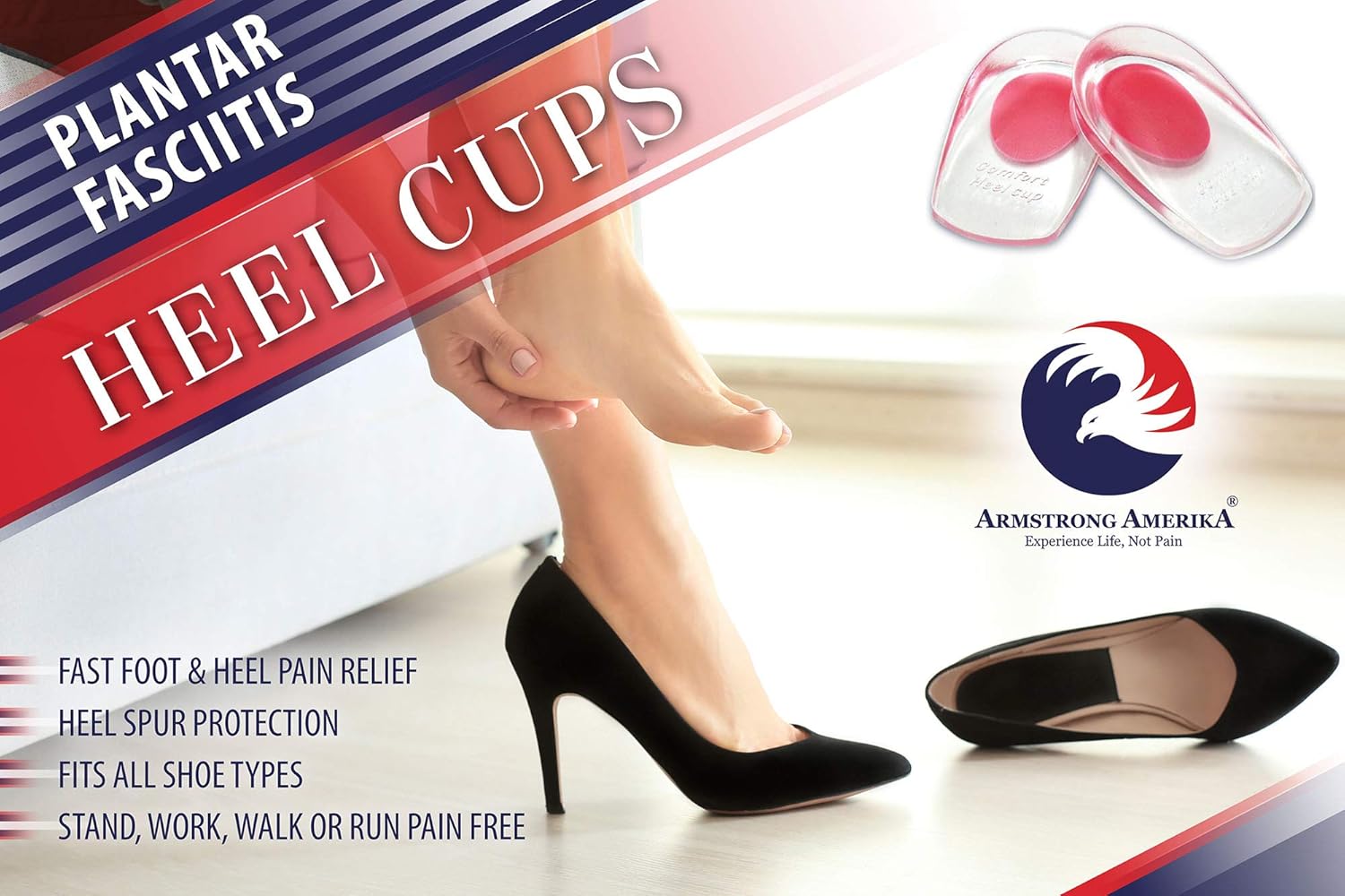 Gel Heel Cups Plantar Fasciitis Inserts - Silicone Heel Cup Pads for Bone Spurs Pain Relief Protectors of Your Sore or Bruised Feet Best Insole Gels Treatment by Armstrong Amerika (Large) : Health & Household