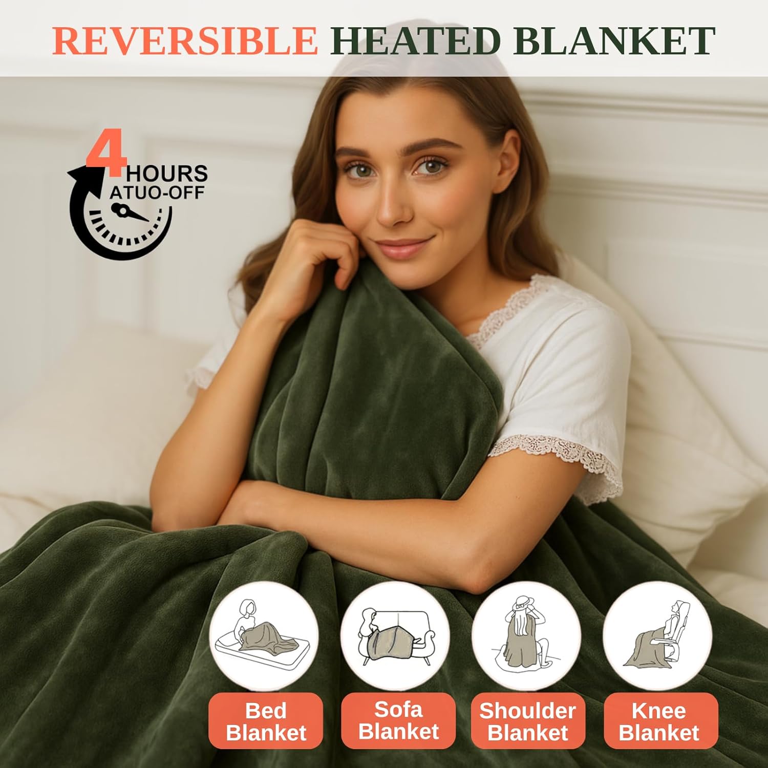 Electric Heated Throw Blanket Sherpa 50"x60" Green Machine Washable 6 Heat Settings 4 Hours Auto Off Overheat Protection for Home Office Use - Image 3