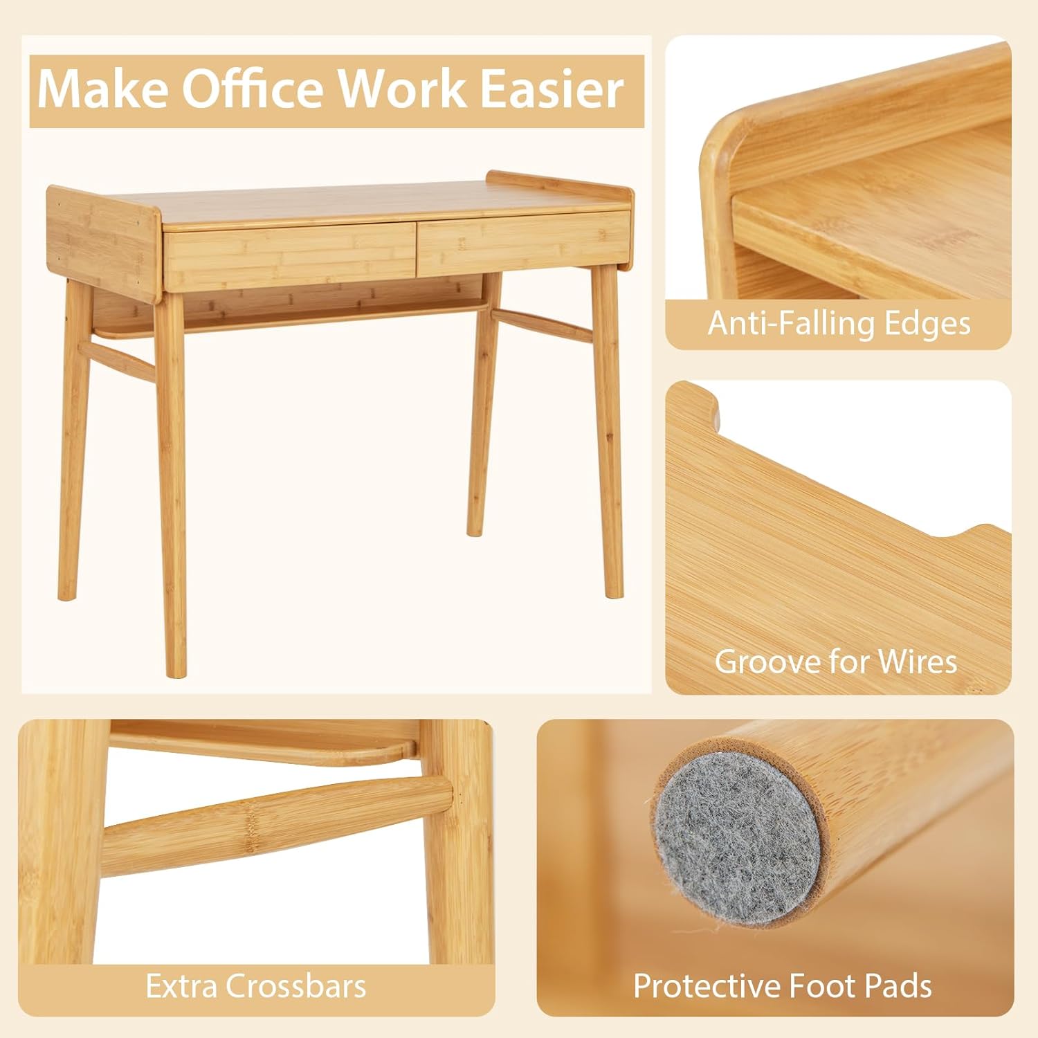 LDAILY 39.5" Bamboo Computer Desk, Modern Writing Desk Study Table and Workstation with 2 Drawers, Open Shelf, Wire Management Groove, Anti-Slipping Footpads, Wooden Desk for Home Office (Natural)