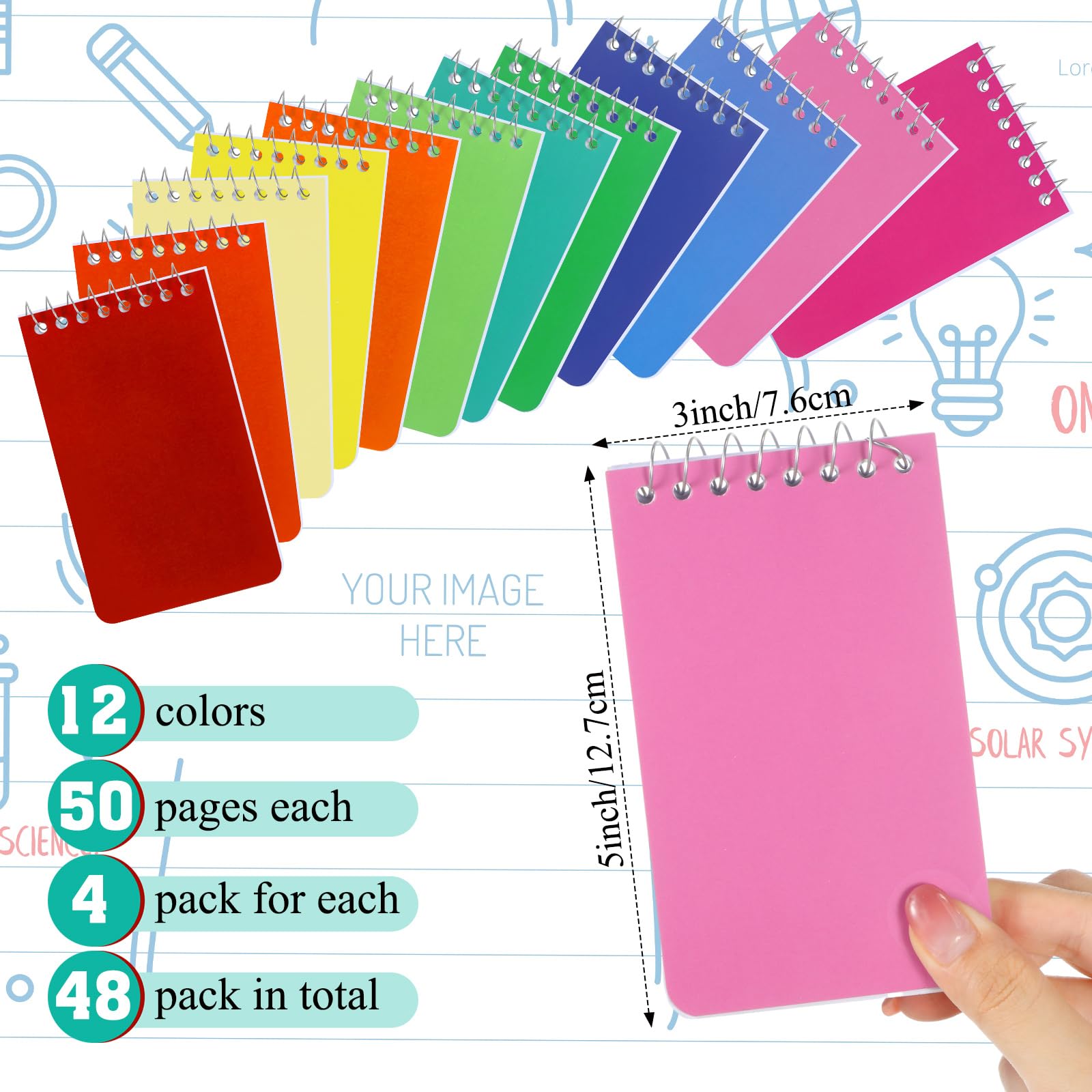Tatuo 48 quaderni piccoli con rilegatura superiore, 7,6 x 12,7 cm, a spirale, a righe, 50 fogli per piccoli quaderni per casa, ufficio, università, scuola, 12 colori