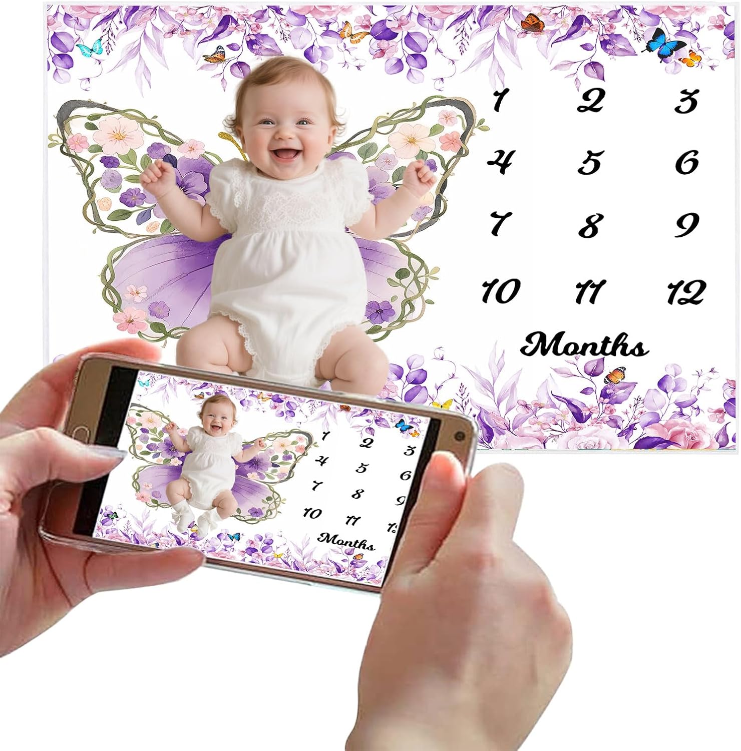 Butterfly Theme Baby Monthly Milestone Blanket 60x40in, Flower Purple Butterfly Spring Tropical Eucalyptus Leaves Watercolor Botanical Photography Prop Newborn Baby Shower Age Growth Tracker