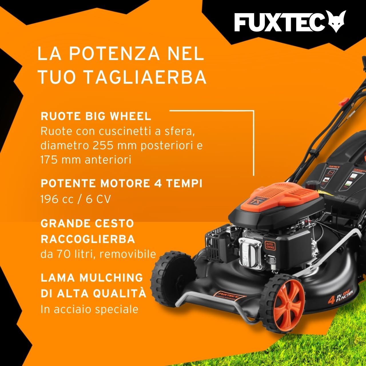 FUXTEC FX-RM5396eSPRO Tagliaerba a scoppio semovente, avviamento elettrico, velocità regolabile, scarico laterale, larghezza di taglio 53 cm, mulching, altezza 25-75 mm, cassetta per erba 70L