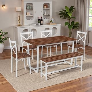 SOFTSEA Modern 6 Piece Dining Table Set with Bench, Metal KitchenTable with Bench and Chiars, Space-Saving Dining Table Set for 6 Piece Dining Room Table Set, Dark Walnut